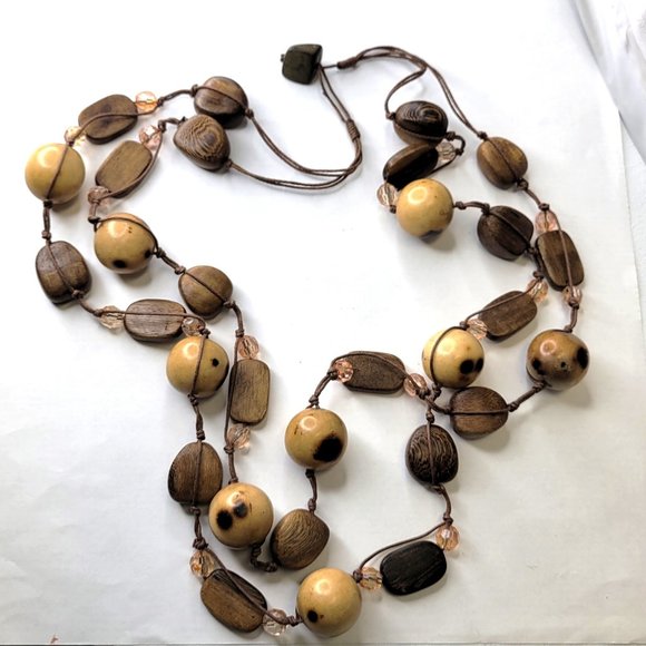 Large Wood Inspired Earthtone Beaded Long Statement Necklace - Picture 5 of 10